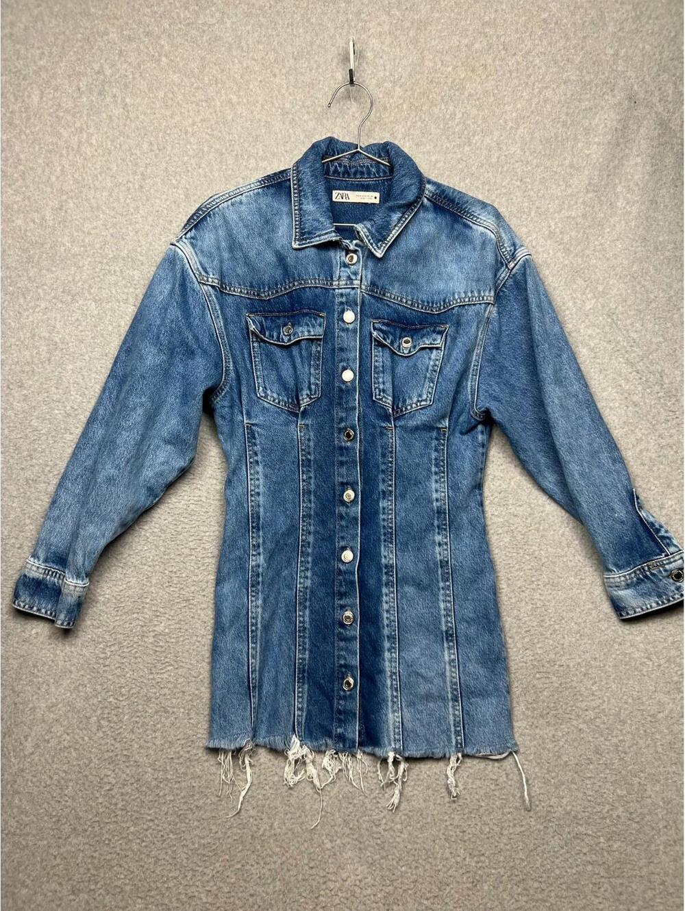 Zara Denim Dress Long Sleeve Mini Button Up Collared Blue Size S Distressed